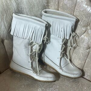 Huron Moc tall leather fringe moccasins